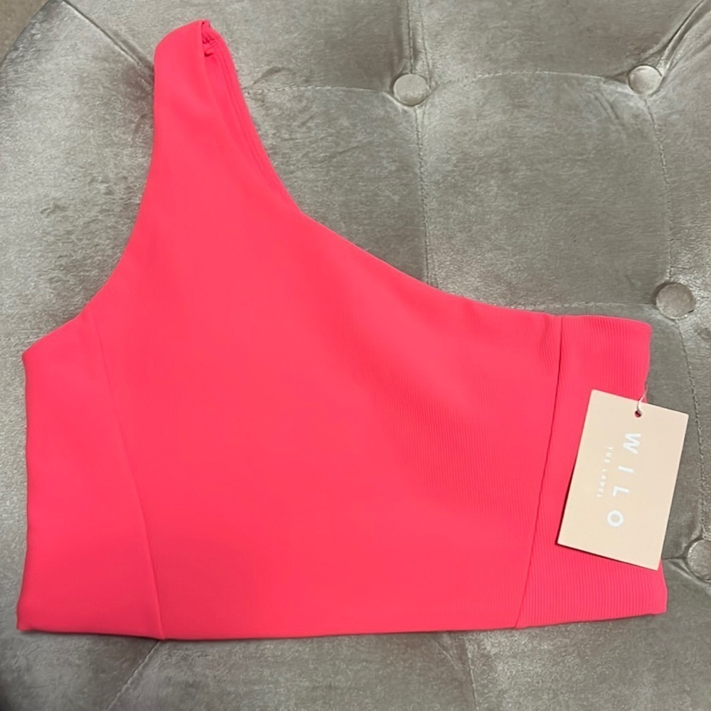 Wilo brand bright salmon one shoulder sports bra, workout top. Removable pads.